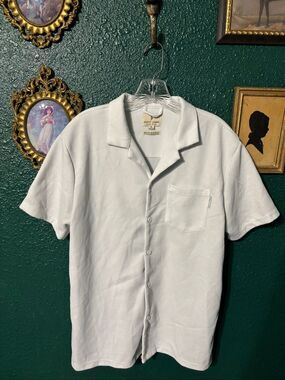 Scott James White quilted-texture short-sleeve button-down shirt Sz Large